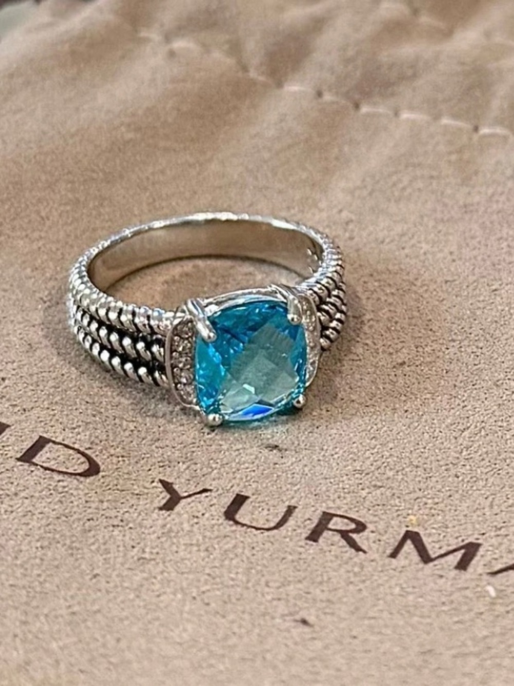 David Yurman Blue Cushion Gemstone Ring with Signature Braided Band